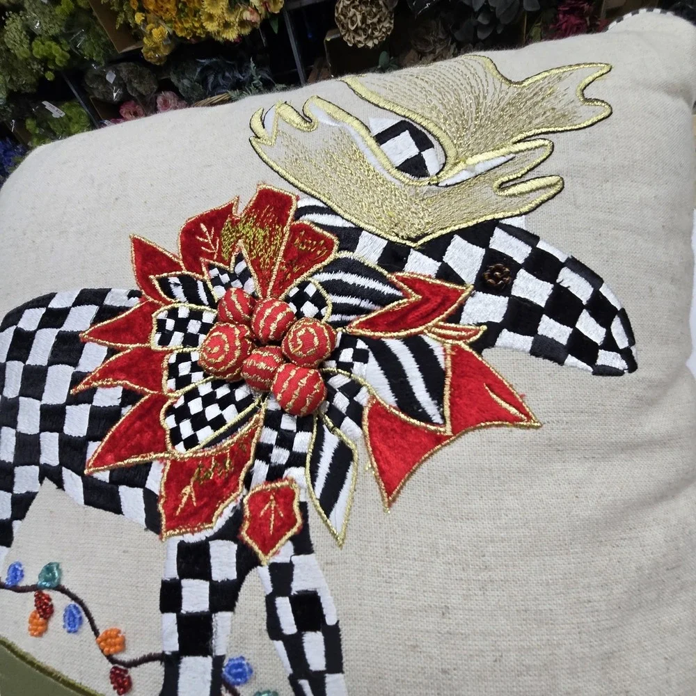 Mackenzie-Childs Moose on Parade Beaded Embroidery Pillow Christmas Holiday Gift